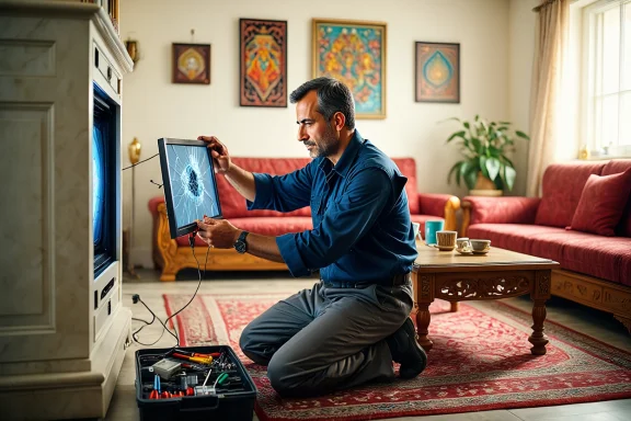 عکس یک تکنسین ماهر در حال تعمیر تلویزیون در رشت