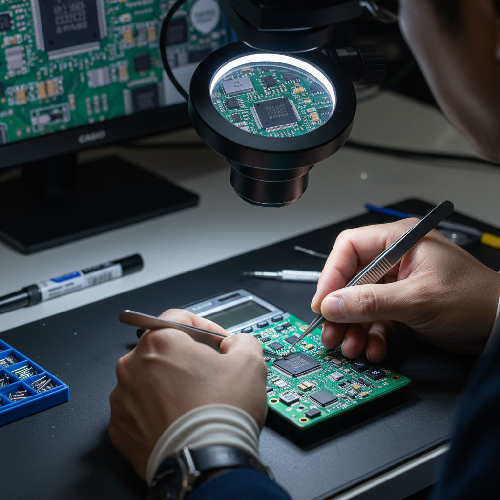 تکنسین متخصص در حال تعمیر برد اصلی (مادربرد) ماشین حساب مهندسی | تعمیرات تخصصی ماشین حساب کاسیو و شارپ