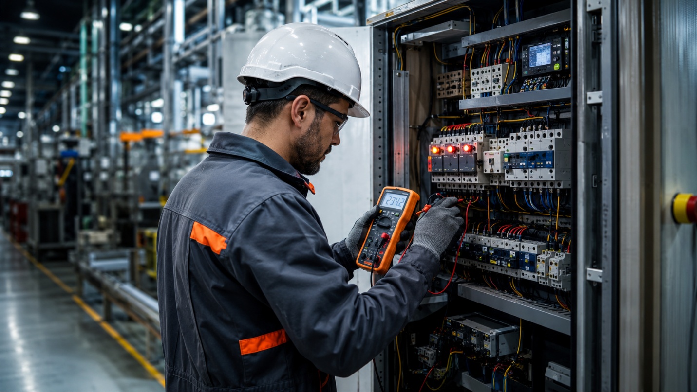 بررسی و عیب‌یابی تابلو برق صنعتی توسط تکنسین در محیط کارخانه