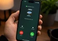 دست یک فرد آیفونی را در دست گرفته که صفحه‌ی تماس ورودی واتس‌اپ با نام Jake، عکس پروفایل کاربر، دکمه‌های قرمز Decline و سبز Accept و گزینه‌های Remind Me و Message را روی میز چوبی با لیوان قهوه و گلدان در پس‌زمینه نشان می‌دهد.