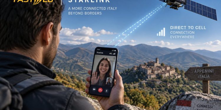 تصویر تبلیغاتی مشترک Fastweb و Starlink با ماهواره‌ای که به گوشی در حال تماس تصویری متصل است، نشان‌دهنده اتصال مستقیم به سلول (Direct to Cell) در مناطق کوهستانی و روستایی ایتالیا با علامت‌های Appenini Italia