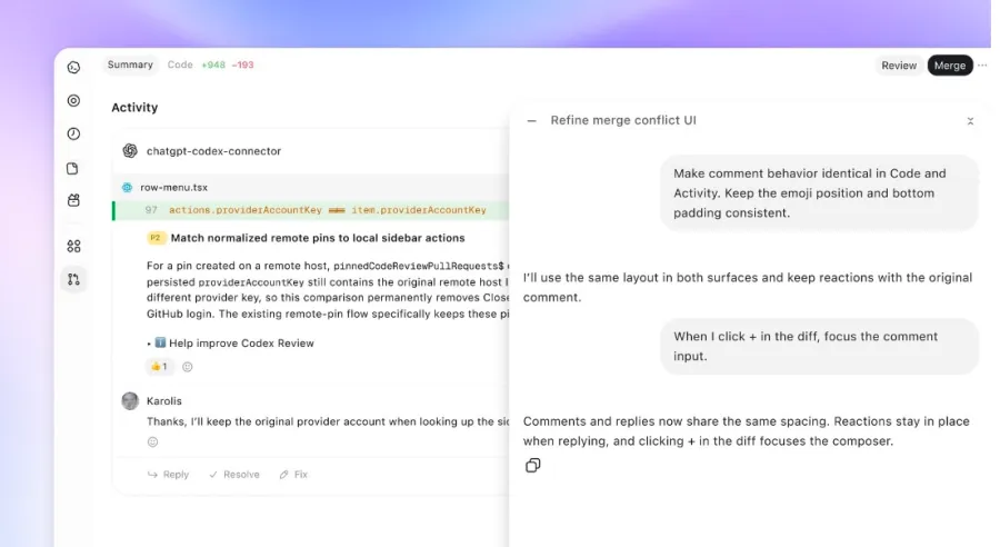 قابلیت های جدید مهندسی نرم افزار برای Codex در رویداد Dev Day اعلام شد 7 محیط ویرایشگر کد و ابزار بررسی ChatGPT Codex با پانل محاوره ای برای اصلاح رابط کاربری تضادهای ادغام.