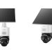 Anker یک دوربین نظارت خورشیدی با وضوح 4K منتشر کرد 8 مقایسه دو زاویه متفاوت از دوربین امنیتی یوفی مدل سولوکم E50 شامل نمای روبهرو و نمای زاویهدار سهبعدی با پنل خورشیدی شیبدار در پسزمینه سفید.