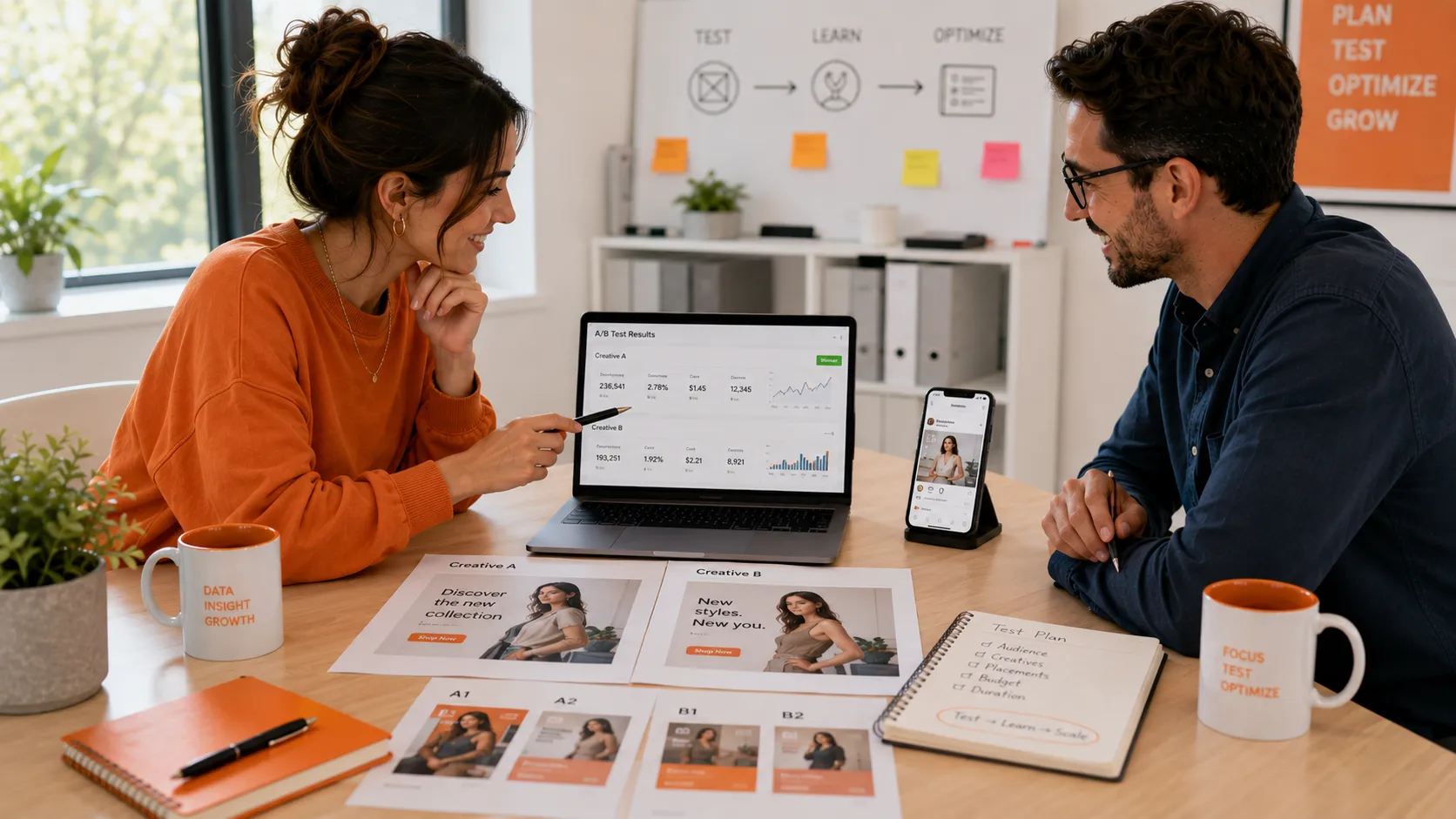 Marketing team testing and optimizing advertising creatives using campaign performance data