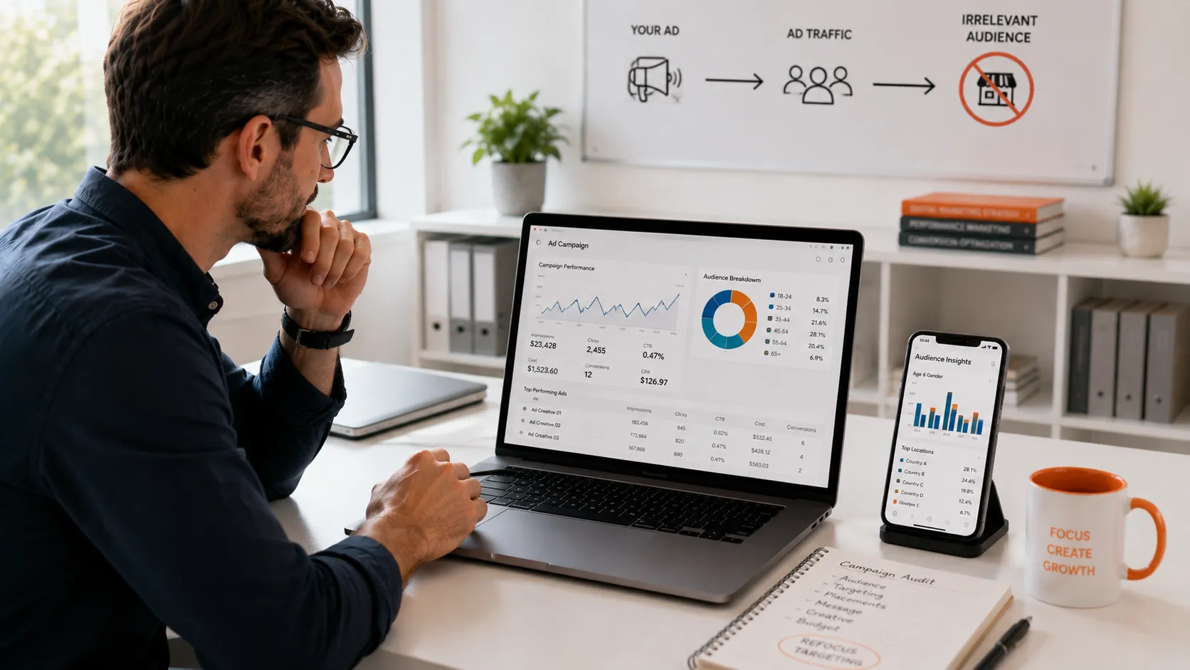 Marketing professional identifying incorrect audience targeting and campaign inefficiency