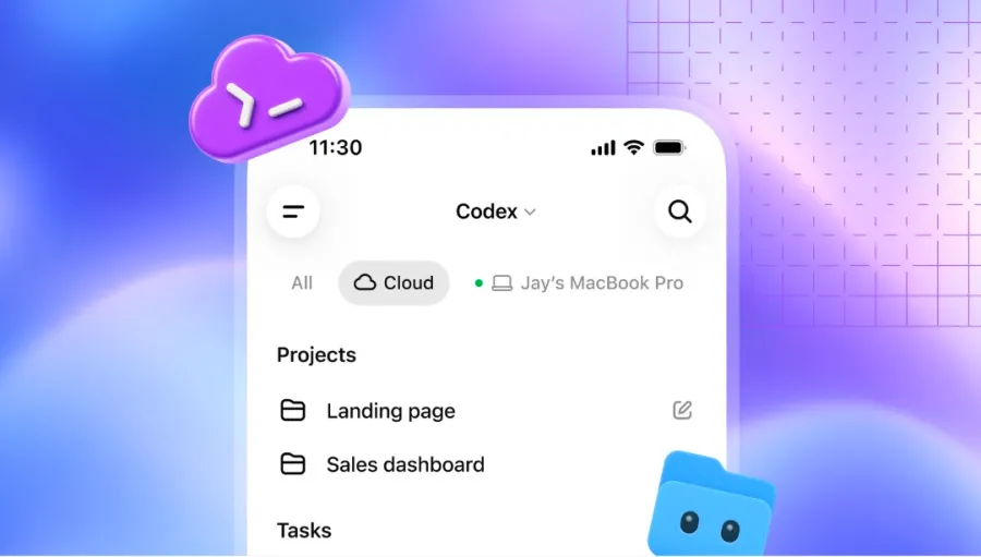 قابلیت های جدید مهندسی نرم افزار برای Codex در رویداد Dev Day اعلام شد 5 نمای رابط کاربری موبایل از بخش Codex با نمادهای ابری و پوشه های پروژه های در حال اجرا.