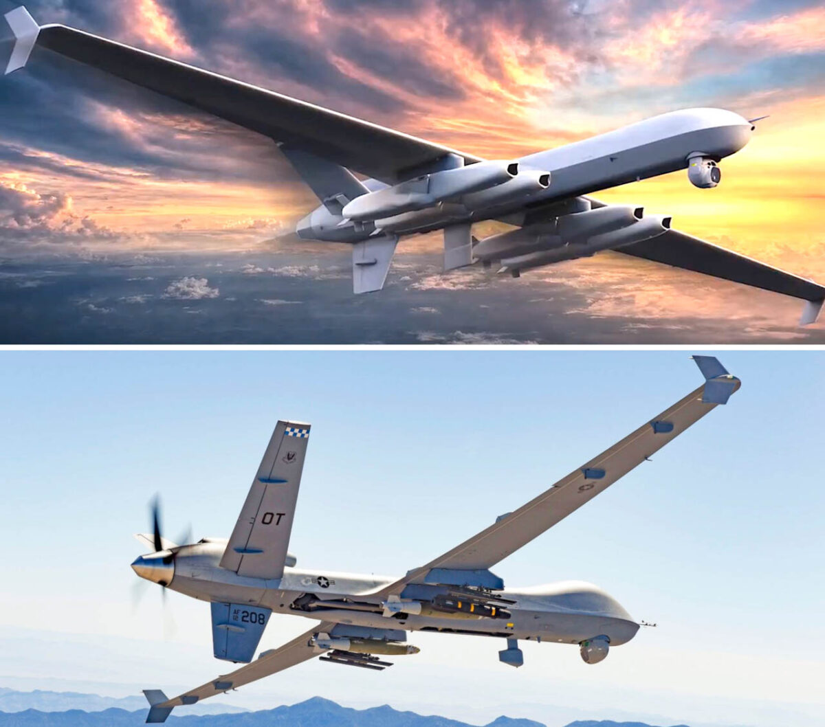 تصویر ترکیبی از پهپاد Wildfire و MQ-9 Reaper در حال پرواز برای مقایسه طراحی دو پهپاد