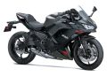 اولین نگاه به موتورسیکلت Kawasaki Ninja 650 2027: سیستم تعلیق و ارتقاء فناوری 17 Black Kawasaki Ninja sport motorcycle shown in side profile with red accents and disc brakes, brand visible on fairing.