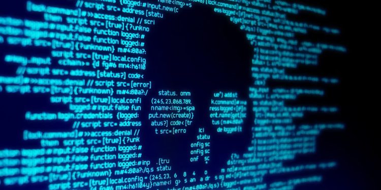 Close-up of blue glowing computer code on a dark screen, with lines of programming script and symbols visible but blurred.