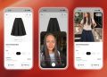 هوش مصنوعی ChatGPT اکنون امکان پوشاک حرفه ای مجازی را فراهم می کند 16 Three smartphone screens showing a fashion shopping app: left and right display a Denim Pleated Skirt product page, center shows a video chat/profile view.