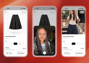 هوش مصنوعی ChatGPT اکنون امکان پوشاک حرفه ای مجازی را فراهم می کند 2 Three smartphone screens showing a fashion shopping app: left and right display a Denim Pleated Skirt product page, center shows a video chat/profile view.