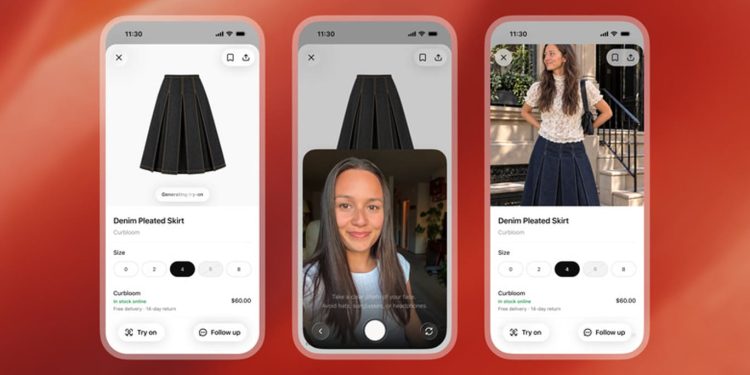 Three smartphone screens showing a fashion shopping app: left and right display a Denim Pleated Skirt product page, center shows a video chat/profile view.