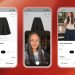 Three smartphone screens showing a fashion shopping app: left and right display a Denim Pleated Skirt product page, center shows a video chat/profile view.