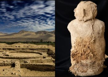 باستان شناسان 4 مومیایی از تمدن نازکا را در مکانی غیرمنتظره کشف کردند 13 Split image: left shows an arid excavation site with circular trenches and distant hills under a blue sky; right shows a weathered stone statue bust with eroded surface.