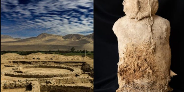 Split image: left shows an arid excavation site with circular trenches and distant hills under a blue sky; right shows a weathered stone statue bust with eroded surface.