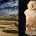Split image: left shows an arid excavation site with circular trenches and distant hills under a blue sky; right shows a weathered stone statue bust with eroded surface.