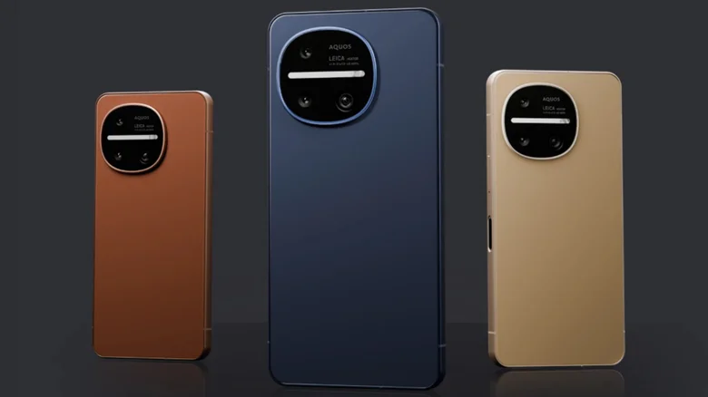 Three smartphones with large circular camera modules on the back, in brown, blue, and gold, set against a dark backdrop.