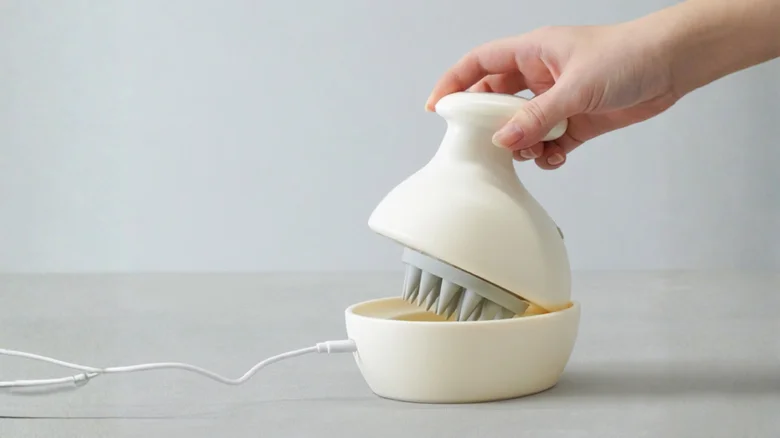 Hand pressing the lid of a white electric dish brush with bristles inside a bowl, plugged in on a light table.