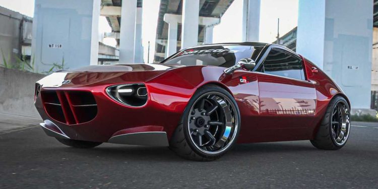 Low-angle view of a glossy red sports coupe with wide aftermarket wheels parked under an elevated highway pillar area in an urban setting.