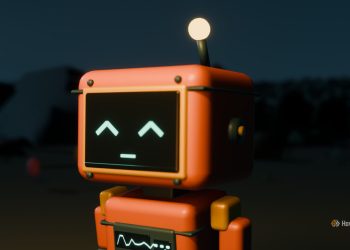 Orange retro-style toy robot with a glowing face and antenna, standing in a dim outdoor scene at night.
