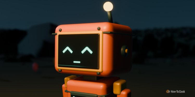 Orange retro-style toy robot with a glowing face and antenna, standing in a dim outdoor scene at night.