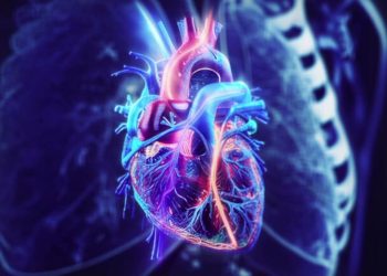 Colorful neon illustration of a human heart with glowing arteries against a dark background (anatomical, vibrant colors)