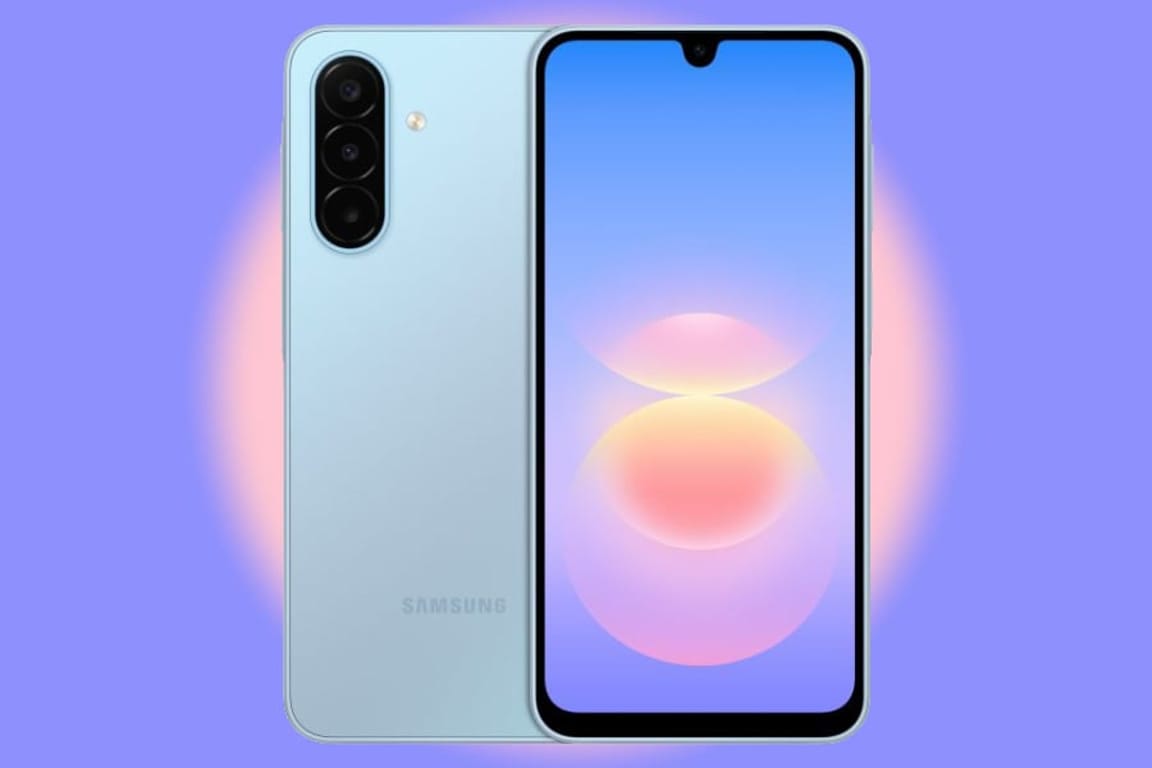Samsung-Galaxy-A18-4G-launch-specs-price Blue Samsung Galaxy phone with triple rear cameras and a large edge-to-edge display against a purple glow.