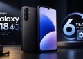 بررسی گوشی سامسونگ گلکسی A18 4G 17 Samsung Galaxy A18 4G promo with a back view of the phone and a front display, plus a '6 years of updates' badge and review button