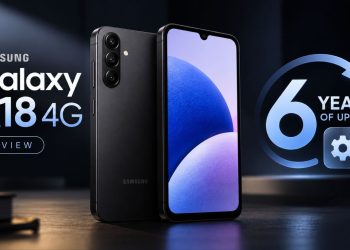 بررسی گوشی سامسونگ گلکسی A18 4G 2 Samsung Galaxy A18 4G promo with a back view of the phone and a front display, plus a '6 years of updates' badge and review button