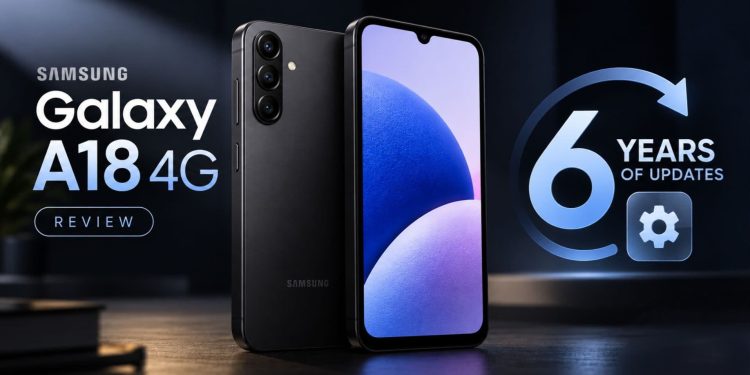 بررسی گوشی سامسونگ گلکسی A18 4G 1 Samsung Galaxy A18 4G promo with a back view of the phone and a front display, plus a '6 years of updates' badge and review button