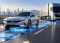 Silver Honda sedan leading a large white truck on a highway, with blue holographic lines suggesting connected autonomous driving.