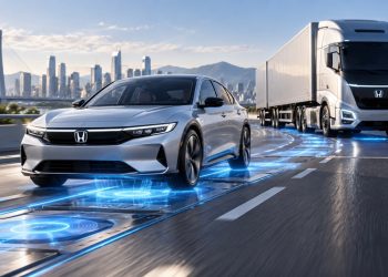 Silver Honda sedan leading a large white truck on a highway, with blue holographic lines suggesting connected autonomous driving.