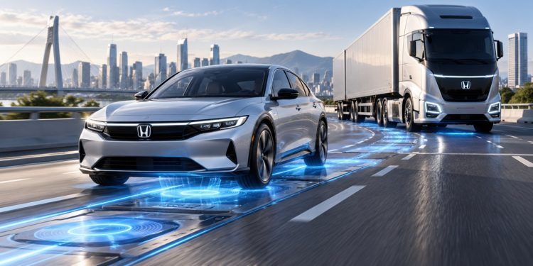 Silver Honda sedan leading a large white truck on a highway, with blue holographic lines suggesting connected autonomous driving.