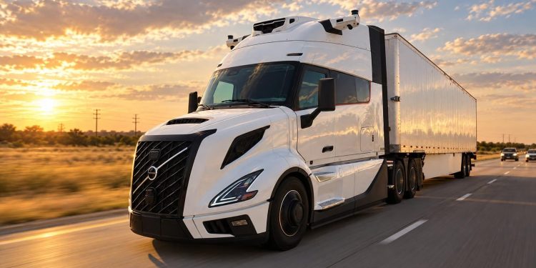 White semi-truck with trailer driving on a highway at sunset, emphasizing motion and warm sky colors.