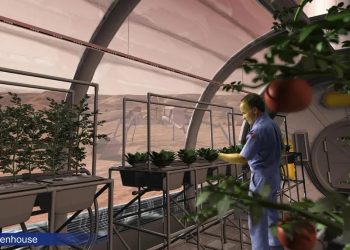 Inside a Mars greenhouse, a worker in blue coveralls tends row after row of leafy plants in raised troughs along a curved dome with a red Martian landscape visible outside