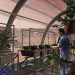 آیا قارچ ها می توانند کلید کشاورزی در مریخ باشند؟ 8 Inside a Mars greenhouse, a worker in blue coveralls tends row after row of leafy plants in raised troughs along a curved dome with a red Martian landscape visible outside