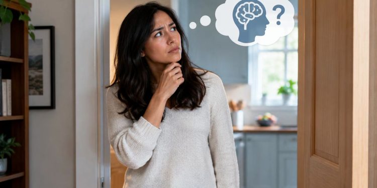 Woman standing in a doorway, stroking her chin and thinking, with a thought bubble showing a brain and a question mark above her.