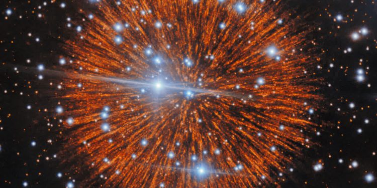 Brilliant supernova explosion in space with orange ejecta radiating outward among blue and white stars.