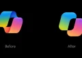 تصویر مقایسه‌ای پیش و پس از طراحی جدید لوگوی مایکروسافت Copilot روی پس‌زمینه‌ی سیاه، با برچسب‌های Before و After؛ نسخه‌ی جدید شکل هندسی ساده‌تر و بدون جلوه‌ی سه‌بعدی بریفتی دارد