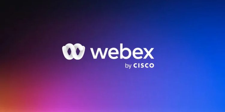 لوگوی سفید Webex به همراه عبارت «by CISCO» در مرکز یک پس‌زمینه‌ی گرادیانی که از نارنجی و صورتی در پایین به آبی و بنفش در بالا می‌رسد
