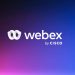 لوگوی سفید Webex به همراه عبارت «by CISCO» در مرکز یک پس‌زمینه‌ی گرادیانی که از نارنجی و صورتی در پایین به آبی و بنفش در بالا می‌رسد