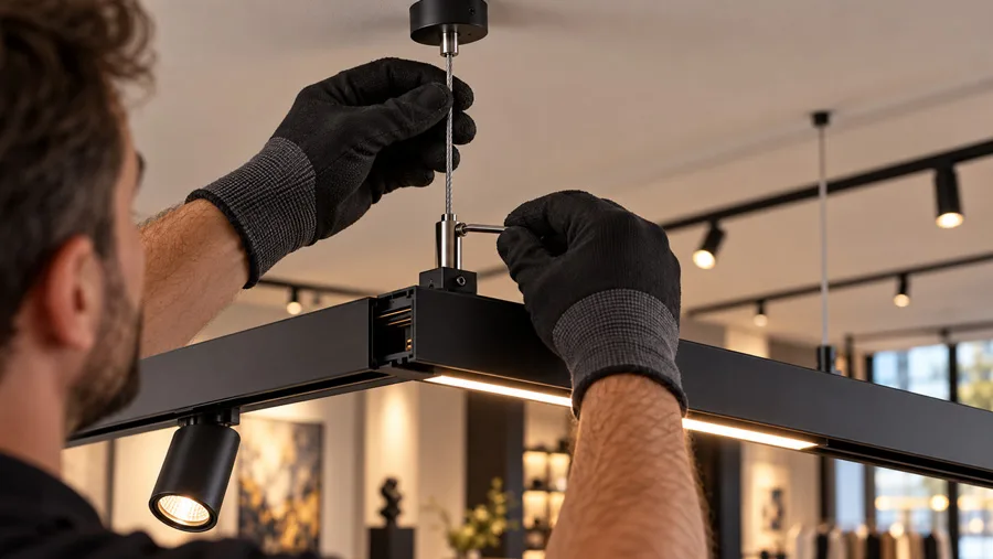 Installation and adjustment of hanging magnetic light rail by technician in commercial gallery
