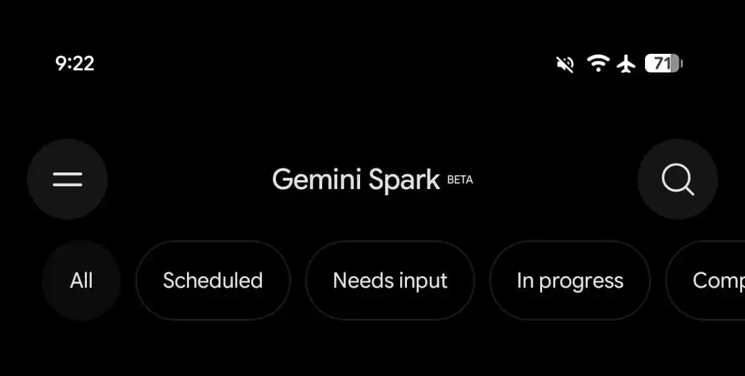 صفحه اصلی بخش Gemini Spark Beta با برگه‌های دسته‌بندی شامل همه، زمان‌بندی‌شده، نیاز به ورودی، در حال انجام، و تکمیل‌شده.