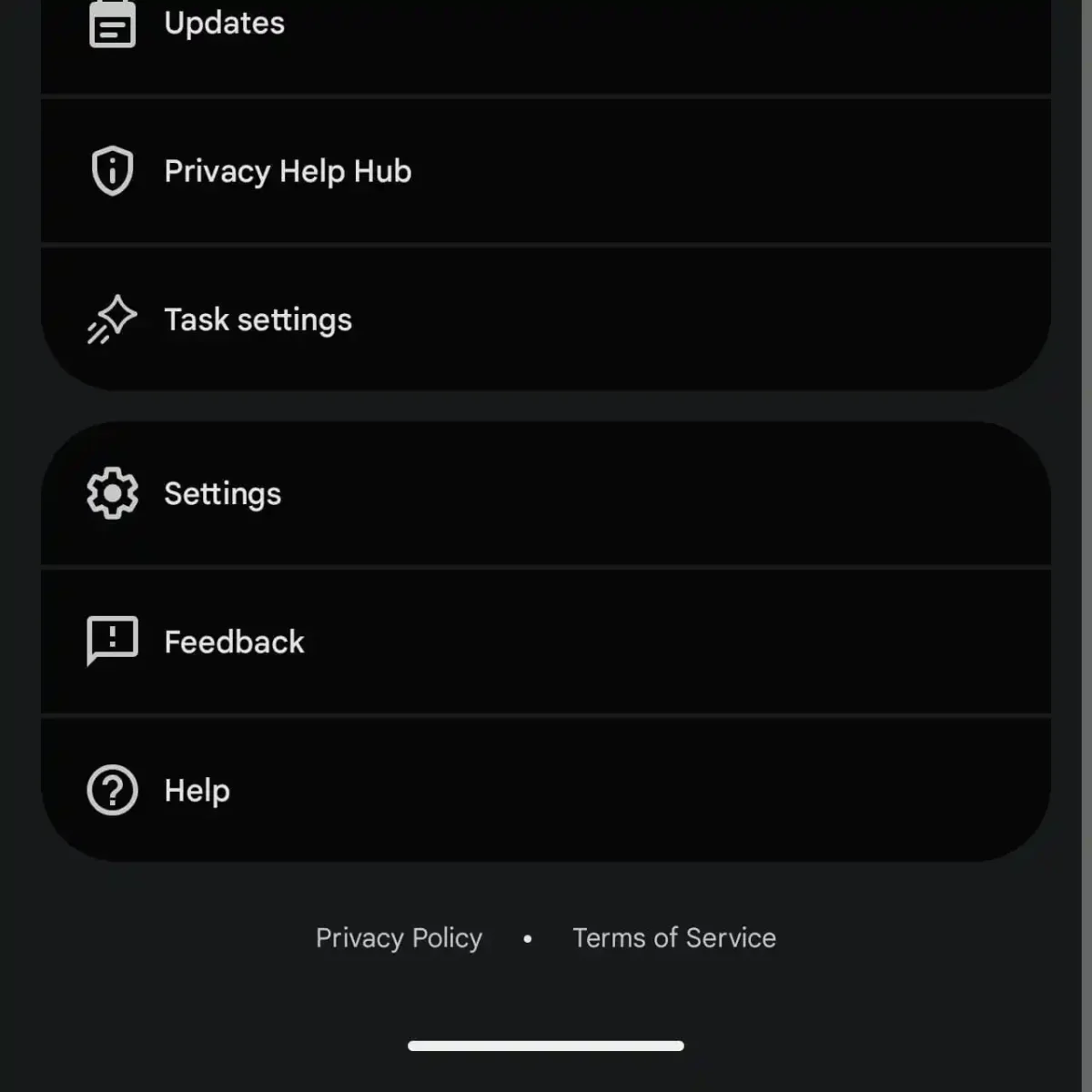منوی تنظیمات برنامه Gemini با گزینه های به روز رسانی، راهنمای حریم خصوصی، تنظیمات کار، تنظیمات کلی، بازخورد و کمک در پس زمینه تاریک.
