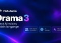 بنر تبلیغاتی Fish Audio Drama 3 با پس‌زمینه گرادیان آبی و بنفش تیره، به همراه آیکون‌های قابلیت‌های نرم‌افزار شامل مکالمات چندشخصیتی، ۸۳ زبان و تحویل احساسی طبیعی.