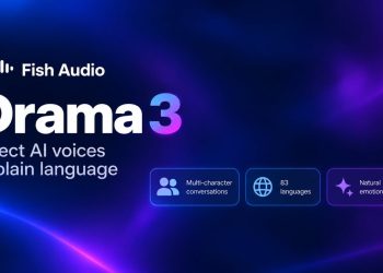 بنر تبلیغاتی Fish Audio Drama 3 با پس‌زمینه گرادیان آبی و بنفش تیره، به همراه آیکون‌های قابلیت‌های نرم‌افزار شامل مکالمات چندشخصیتی، ۸۳ زبان و تحویل احساسی طبیعی.
