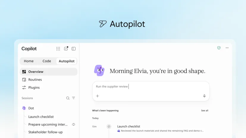 ابربرنامه Copilot مایکروسافت چت، کدنویسی و عوامل هوشمند را یکپارچه کرده است 4 رابط کاربری روشن بخش مایکروسافت Copilot Autopilot با کادر متنی ورودی دستور، بخش وظایف امروز و نماد چهره کارتونی بنفش.