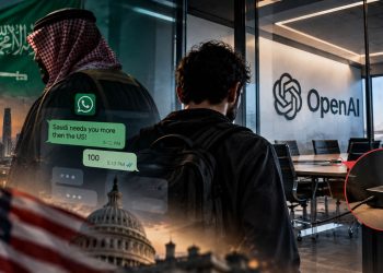 تصویر مفهومی پرونده جاسوسی در OpenAI با نمایش پرچم عربستان، پیام‌های واتس‌اپی، اتاق جلسات محرمانه و دستگاه شنود مخفی.