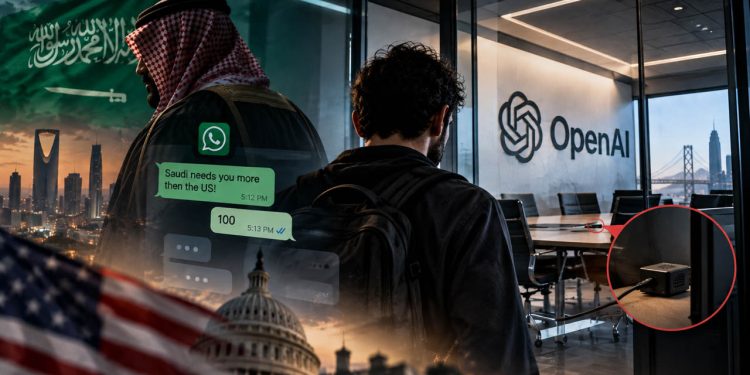 افشای رابطه جاسوس متهم در OpenAI با خانواده سلطنتی عربستان 1 تصویر مفهومی پرونده جاسوسی در OpenAI با نمایش پرچم عربستان، پیامهای واتساپی، اتاق جلسات محرمانه و دستگاه شنود مخفی.