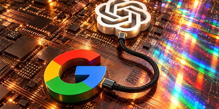 خالق ChatGPT به دنبال خرید تراشه های هوش مصنوعی گوگل است 1 نمایش لوگوهای OpenAI و گوگل روی برد الکترونیکی با اتصال کابلی، نمادی از همکاری احتمالی دو شرکت برای تأمین تراشههای هوش مصنوعی.
